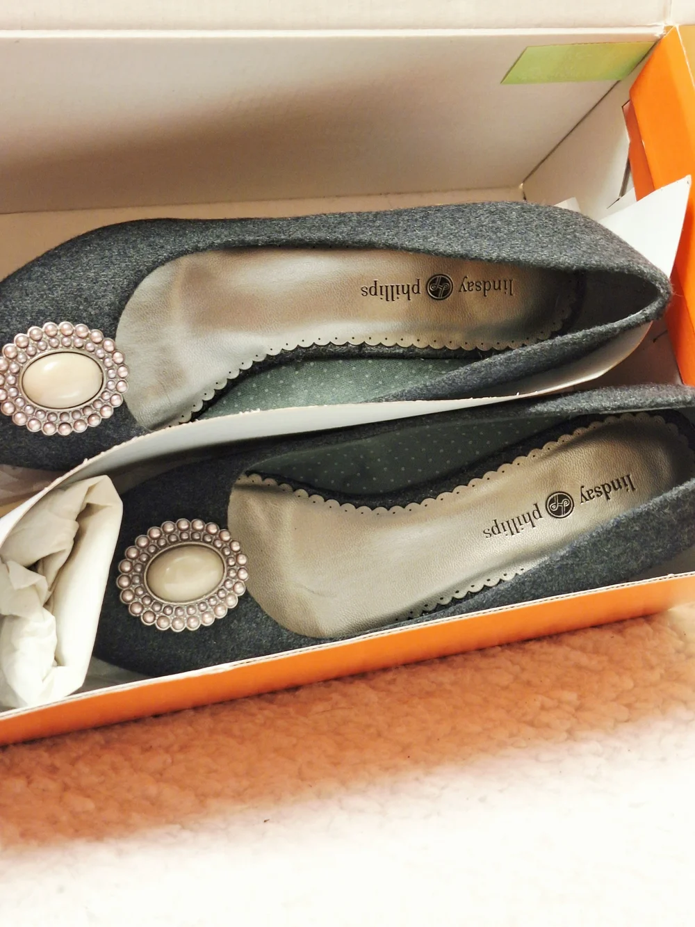 NEW Lindsay Phillips Wedge Pumps with Jeweled Brooch - Gray 7